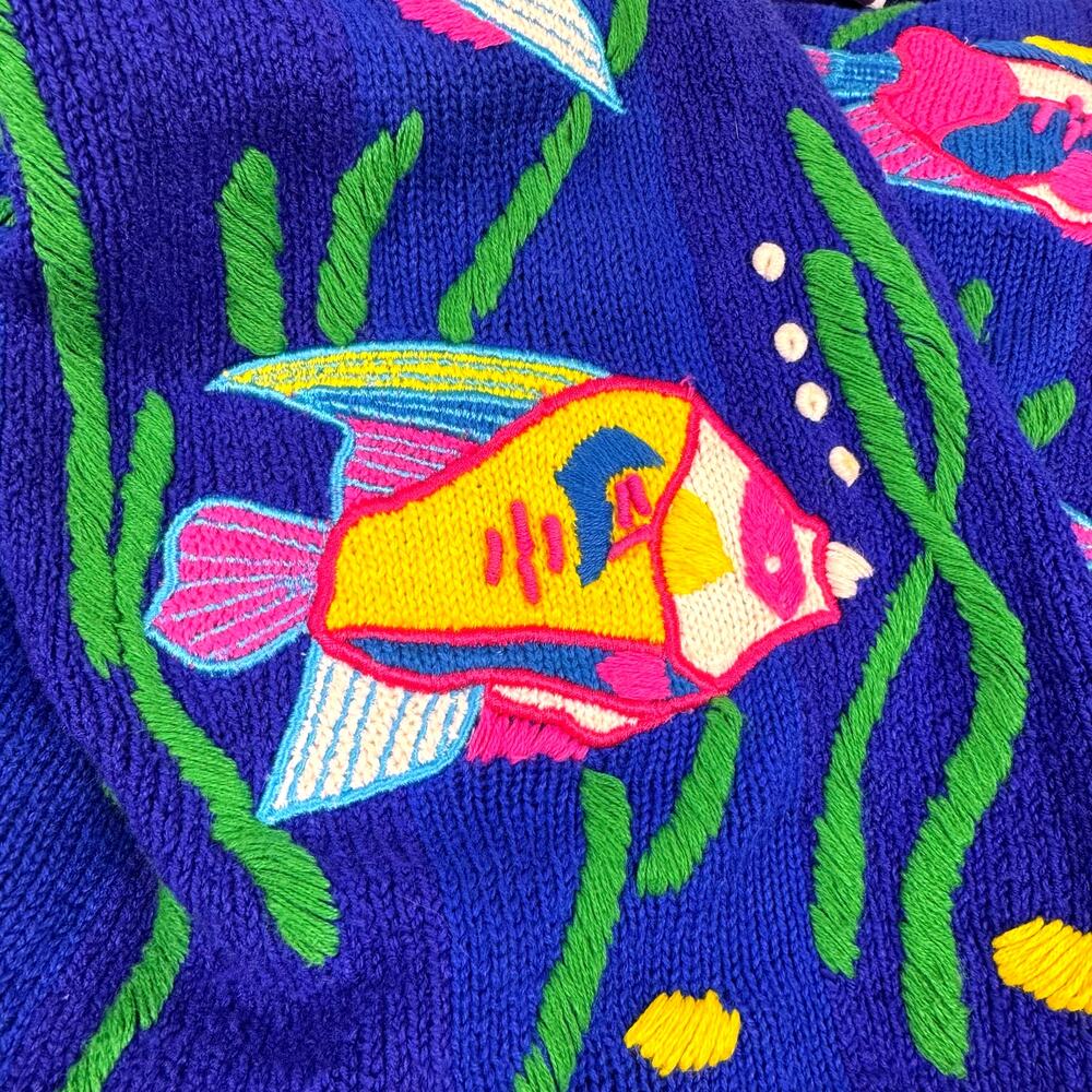 Vtg PBJ Sport Cardigan Sweater Embroidered Ocean Fish Sz S/P Quirky 90s Kidcore - Picture 14 of 16